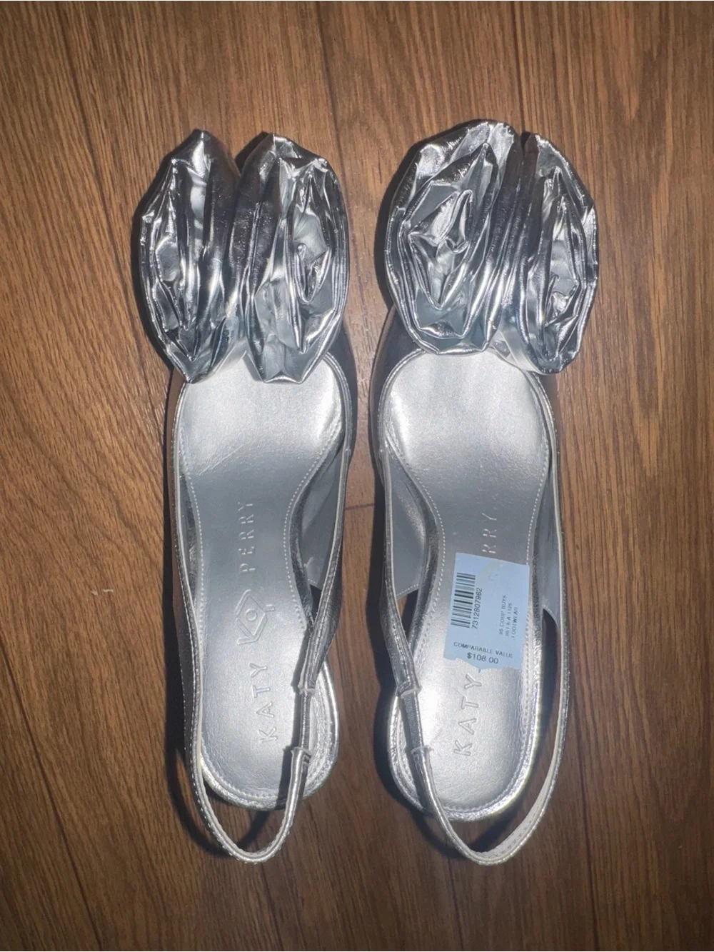 Silver Slingback Heels LATERR HIGH FLOWER 7.5M/37.5 w/Floral‎ Appliqué NWOB